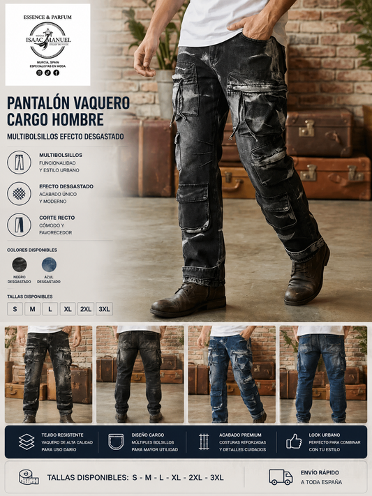 Pantalón Vaquero Cargo Hombre Multibolsillos Efecto Desgastado | Corte Recto | Negro y Azul | Tallas 42-50