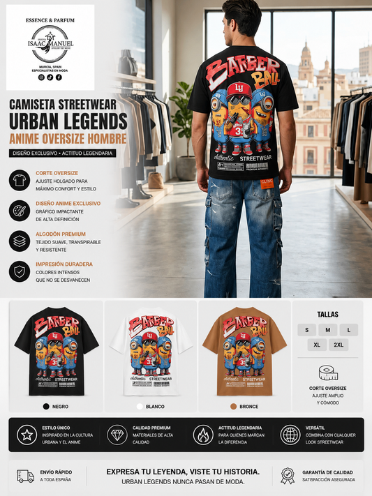 Camiseta Streetwear Urban Legends Anime Oversize Hombre | Negro, Blanco y Bronce | Tallas S-2XL