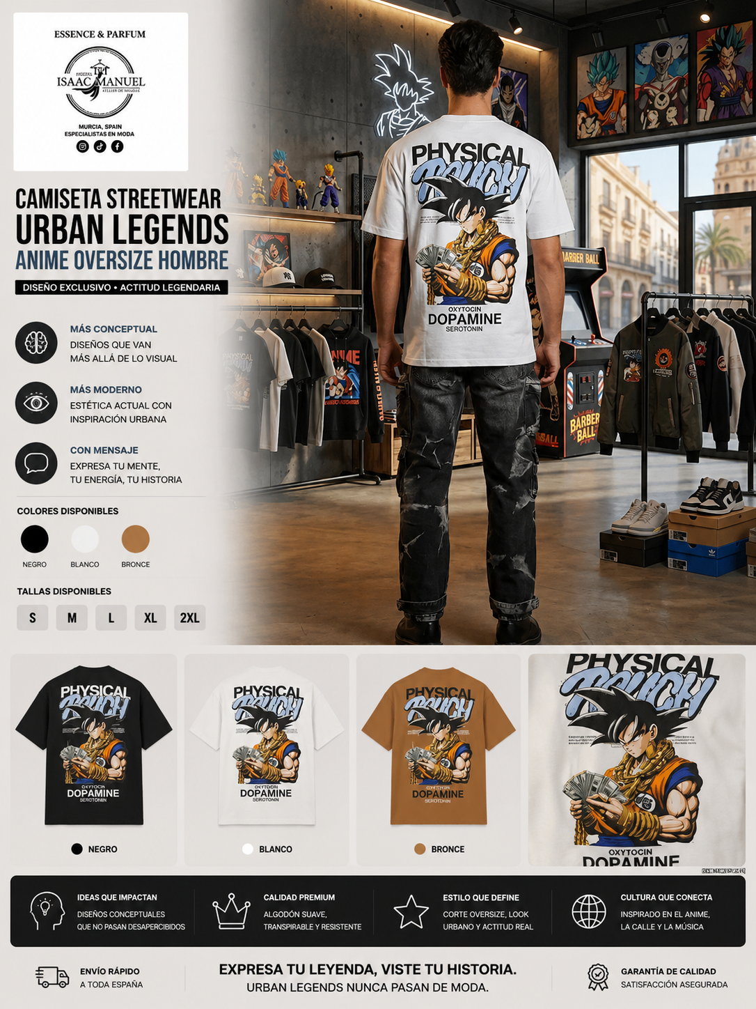 Camiseta Streetwear "Physical Touch" Goku Anime Hombre | Oversize Algodón | Blanco, Negro y Rosa | Tallas S-2XL
