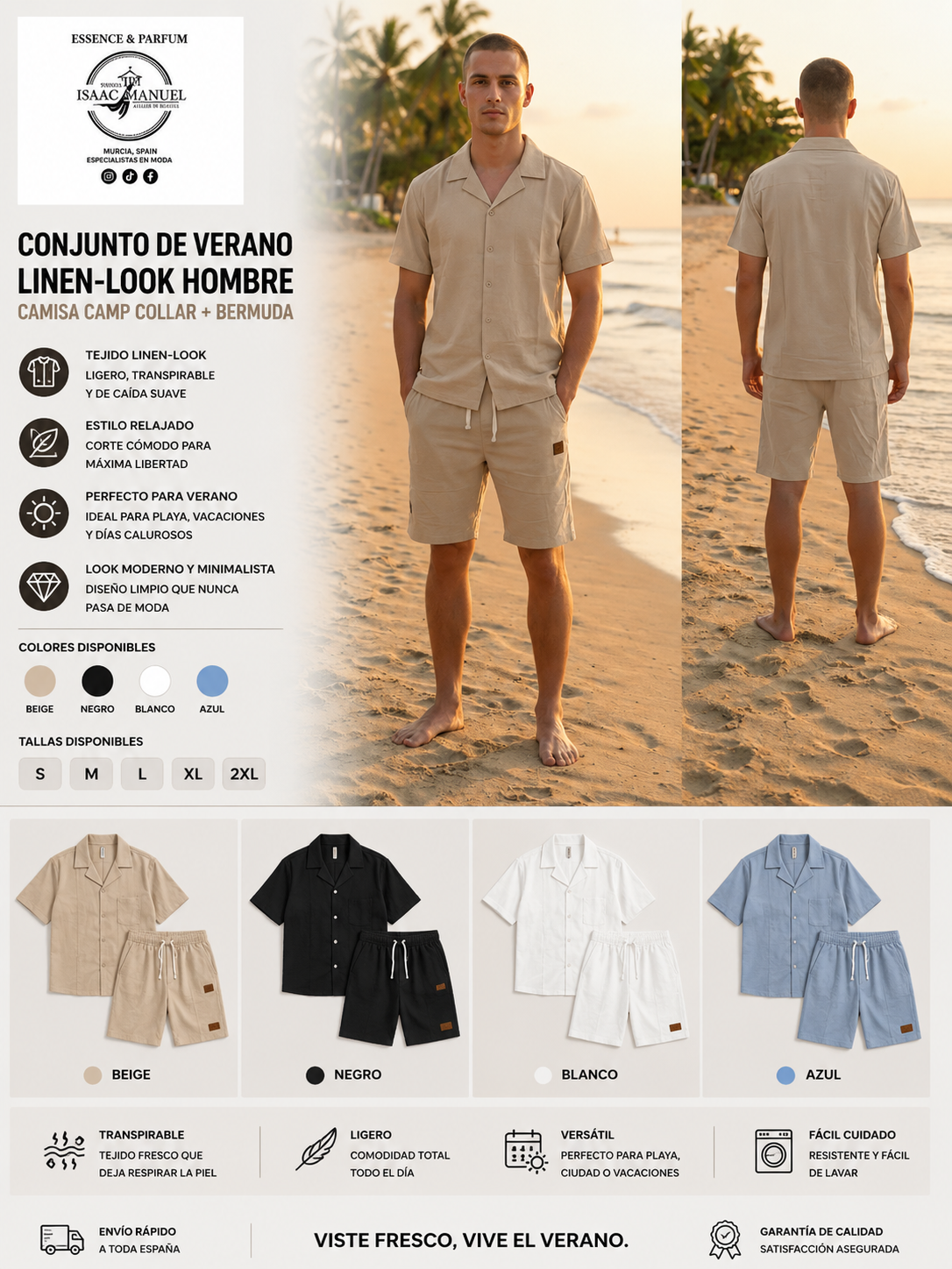 Conjunto de Verano Hombre Linen-Look | Camisa Camp Collar + Bermuda | Beige, Negro, Blanco y Azul | Tallas M,L,XL,2XL Modelo talla XL. Altura : 1,65    Peso : 86 kilos