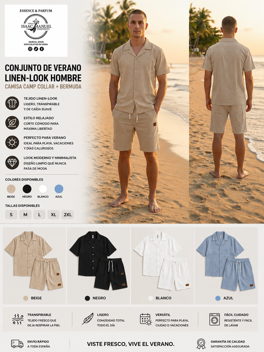 Conjunto de Verano Hombre Linen-Look | Camisa Camp Collar + Bermuda | Beige, Negro, Blanco y Azul | Tallas M,L,XL,2XL Modelo talla XL. Altura : 1,65    Peso : 86 kilos