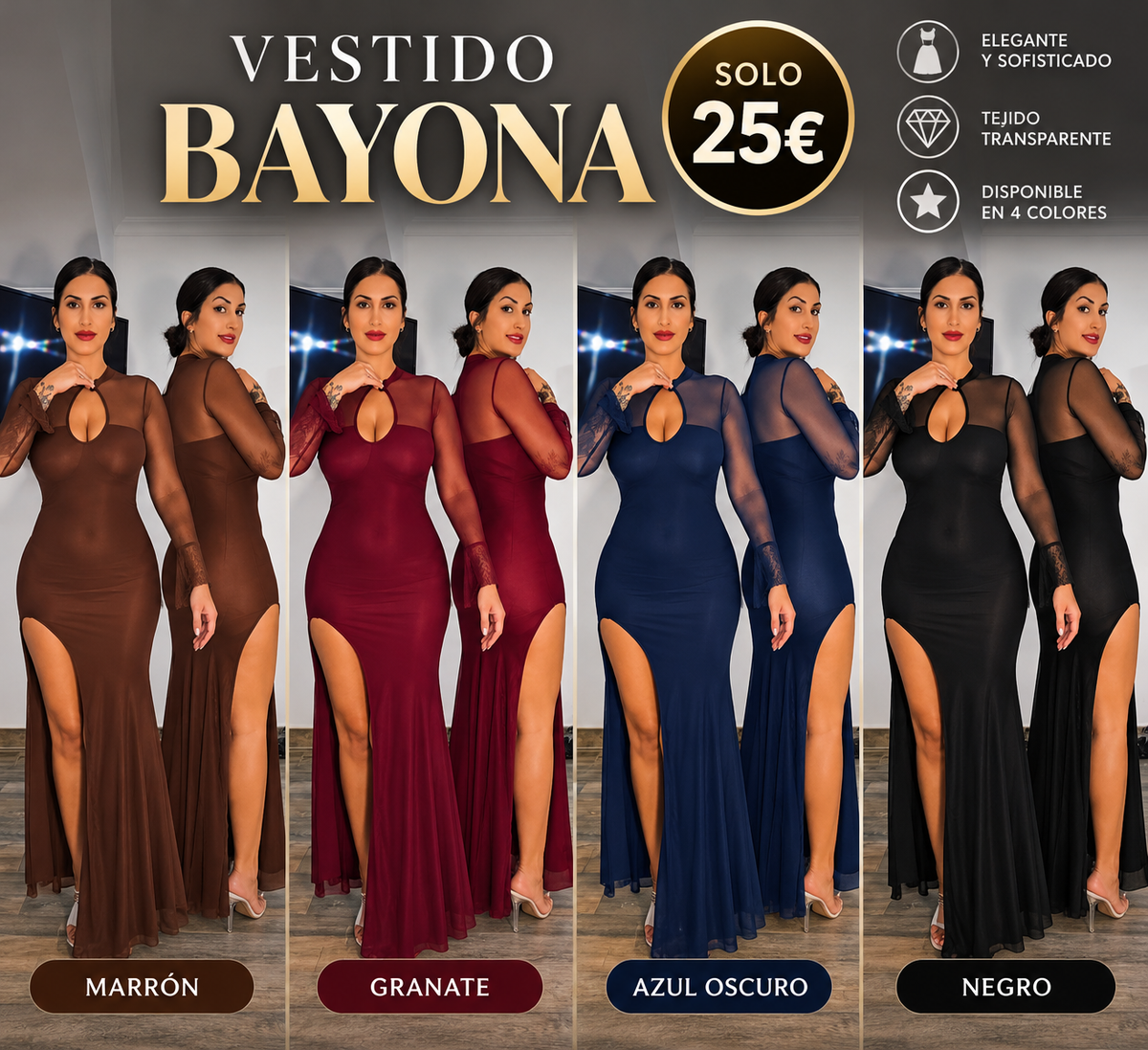Collage del vestido largo BAYONA en cuatro colores con precio de 25 euros