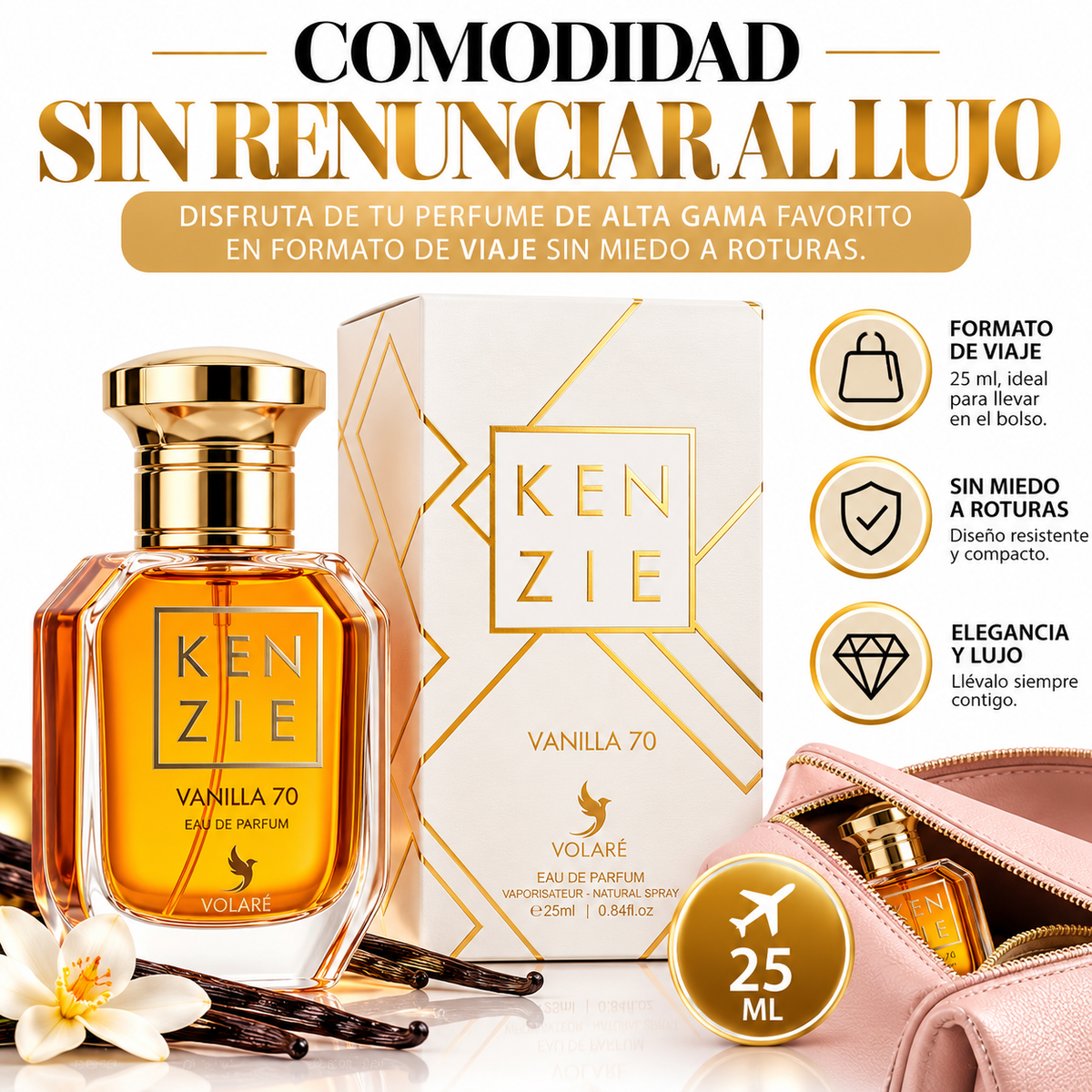 Kenzie Vanilla 70 de Volaré de 25 ml con caja blanca y dorada junto a un neceser rosa