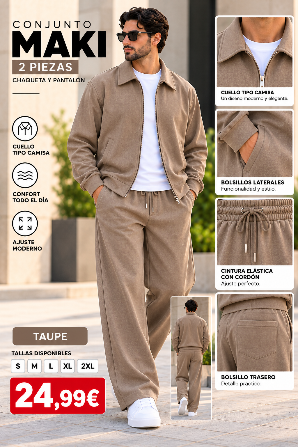 Conjunto MAKI Hombre de 2 Piezas con Cuello Camisero y Pantalón Wide Leg