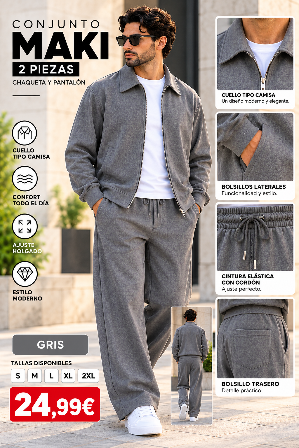 Conjunto MAKI Hombre de 2 Piezas con Cuello Camisero y Pantalón Wide Leg