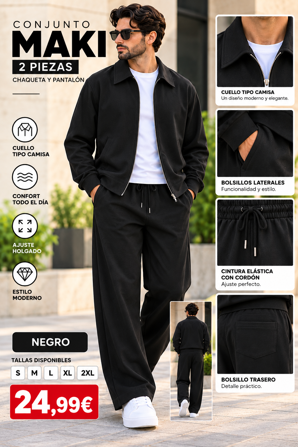 Conjunto MAKI Hombre de 2 Piezas con Cuello Camisero y Pantalón Wide Leg