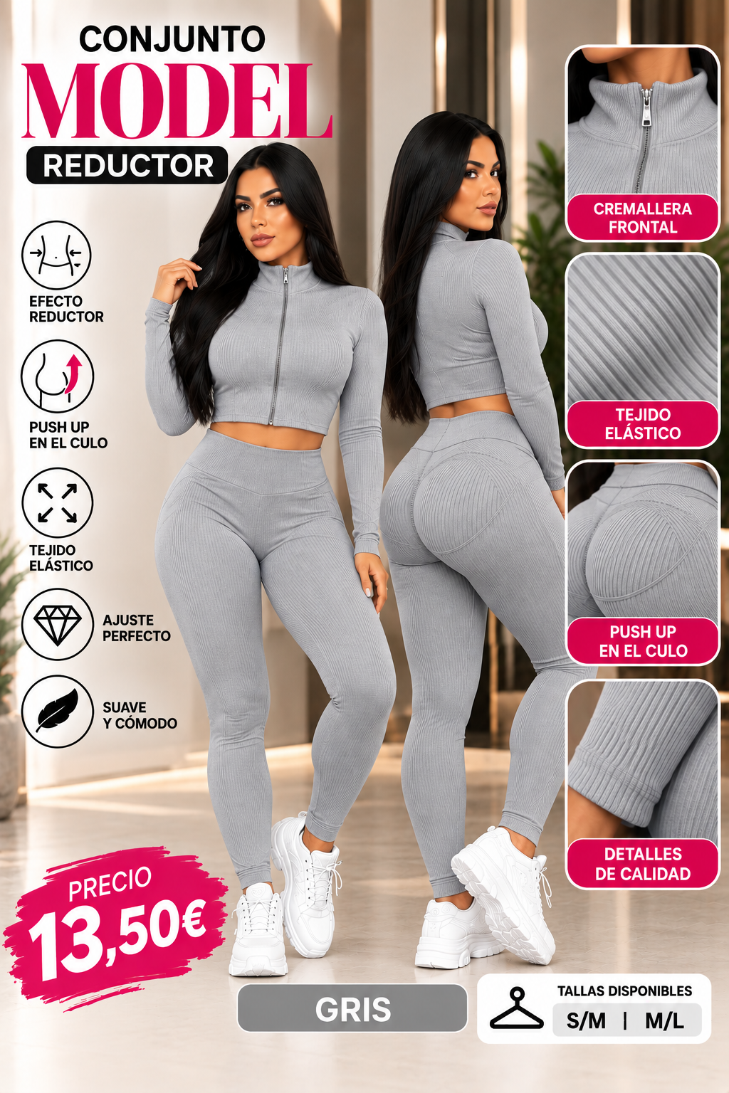 Conjunto MODEL gris con chaqueta entallada de manga larga y leggings con efecto push up