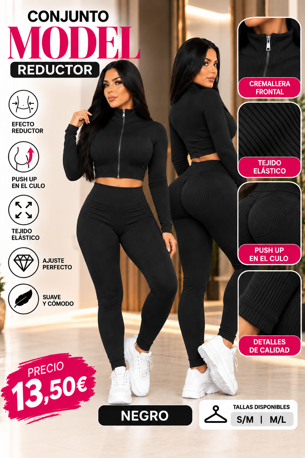 Conjunto MODEL negro con chaqueta corta de cremallera y leggings de talle alto, vistas delantera y trasera