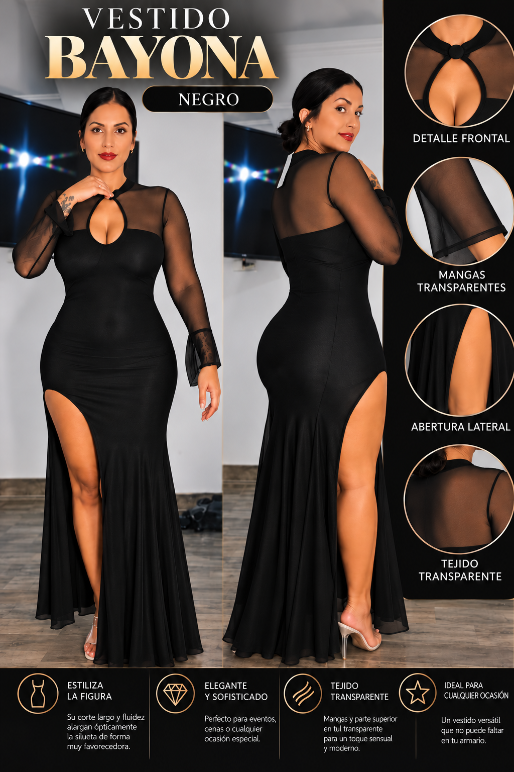 Vestido largo BAYONA negro, vistas frontal y posterior y detalles de mangas transparentes y abertura lateral