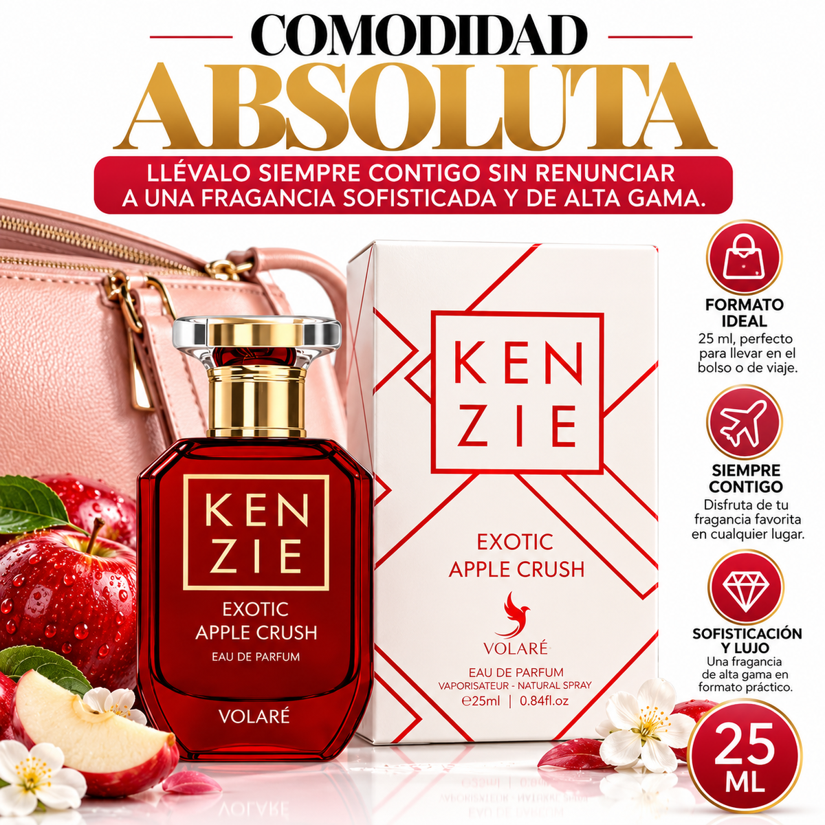 Kenzie Exotic Apple Crush de Volaré de 25 ml, frasco rojo y caja blanca junto a un bolso rosa y manzanas