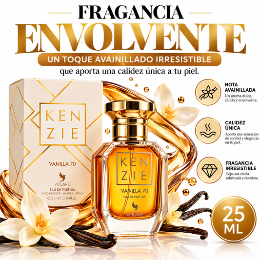 Kenzie Vanilla 70 de Volaré Eau de Parfum de 25 ml con estuche, flores blancas y vainas de vainilla decorativas