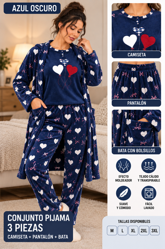 Conjunto ROSA  pijama de mujer 3 piezas corazones con bata