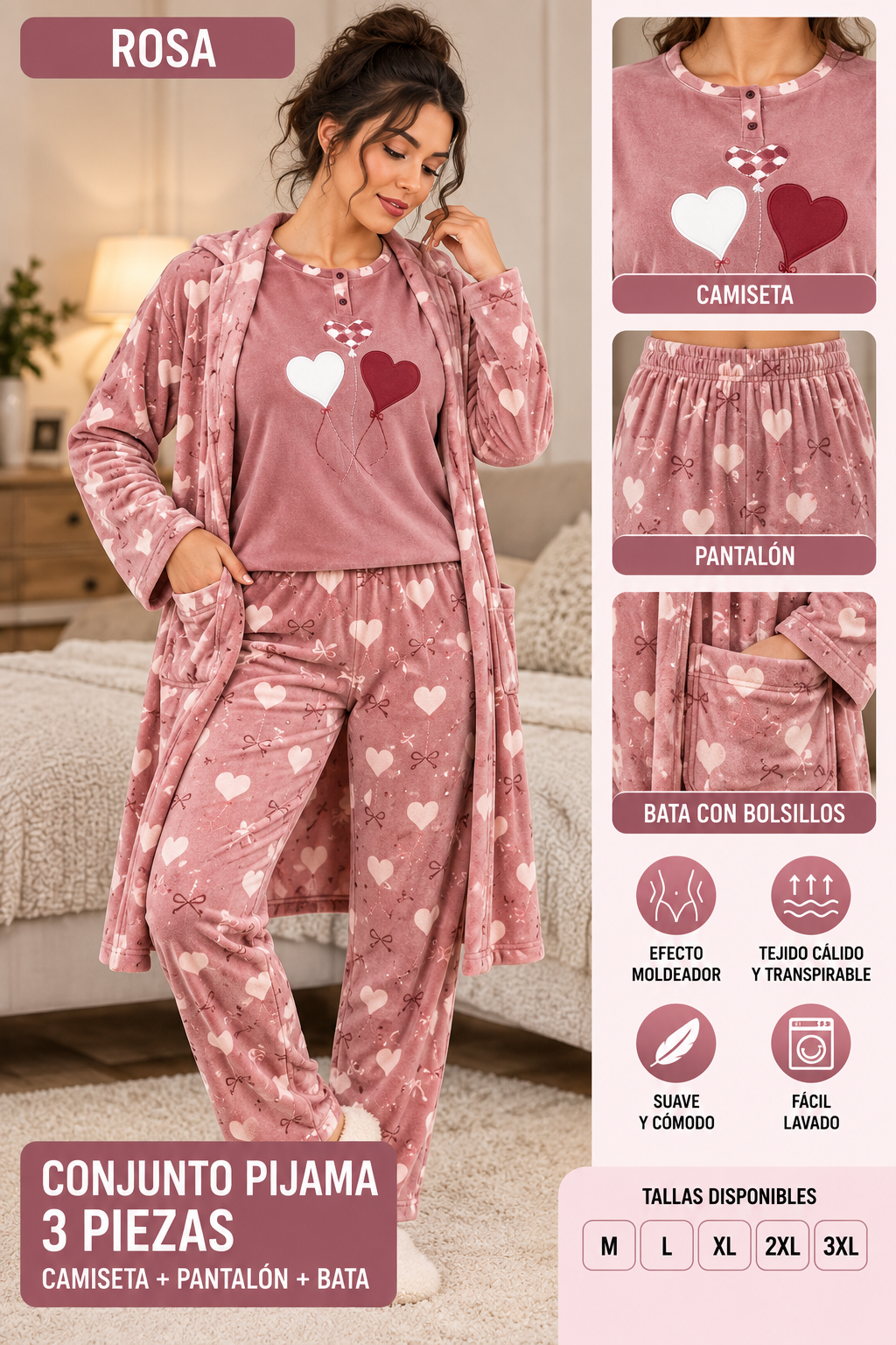 Conjunto ROSA  pijama de mujer 3 piezas corazones con bata