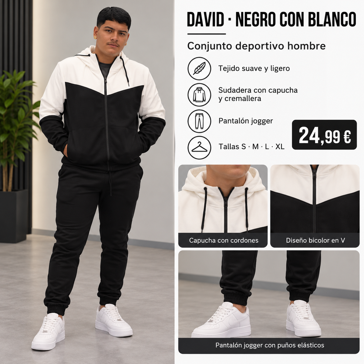 Conjunto Deportivo David Hombre de 2 Piezas Bicolor con Capucha