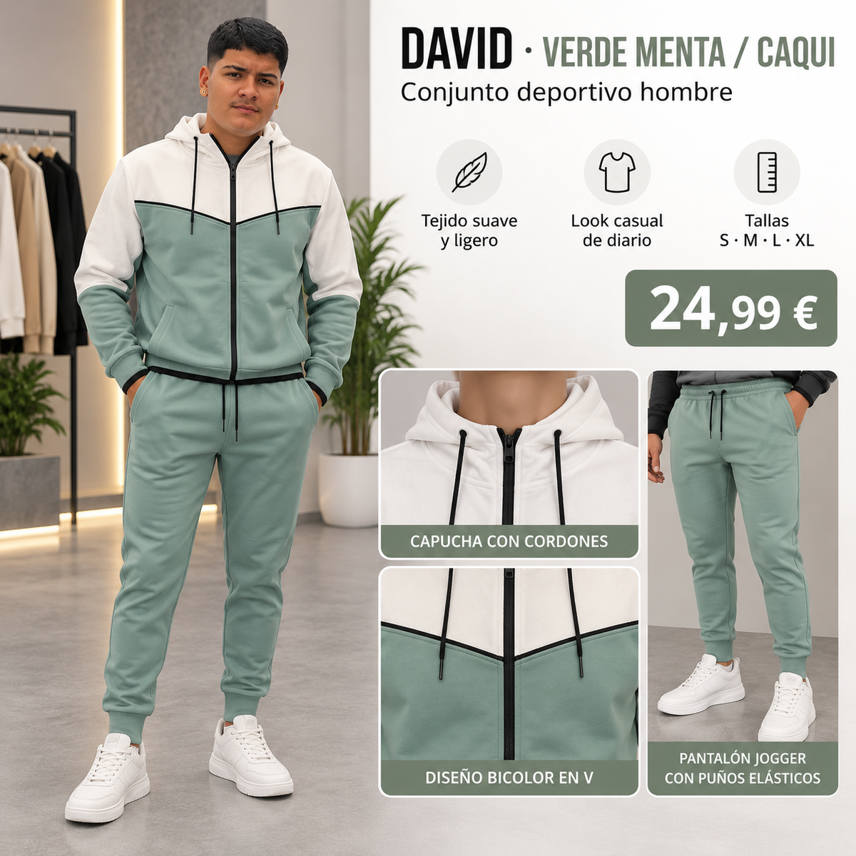 Conjunto Deportivo David Hombre de 2 Piezas Bicolor con Capucha