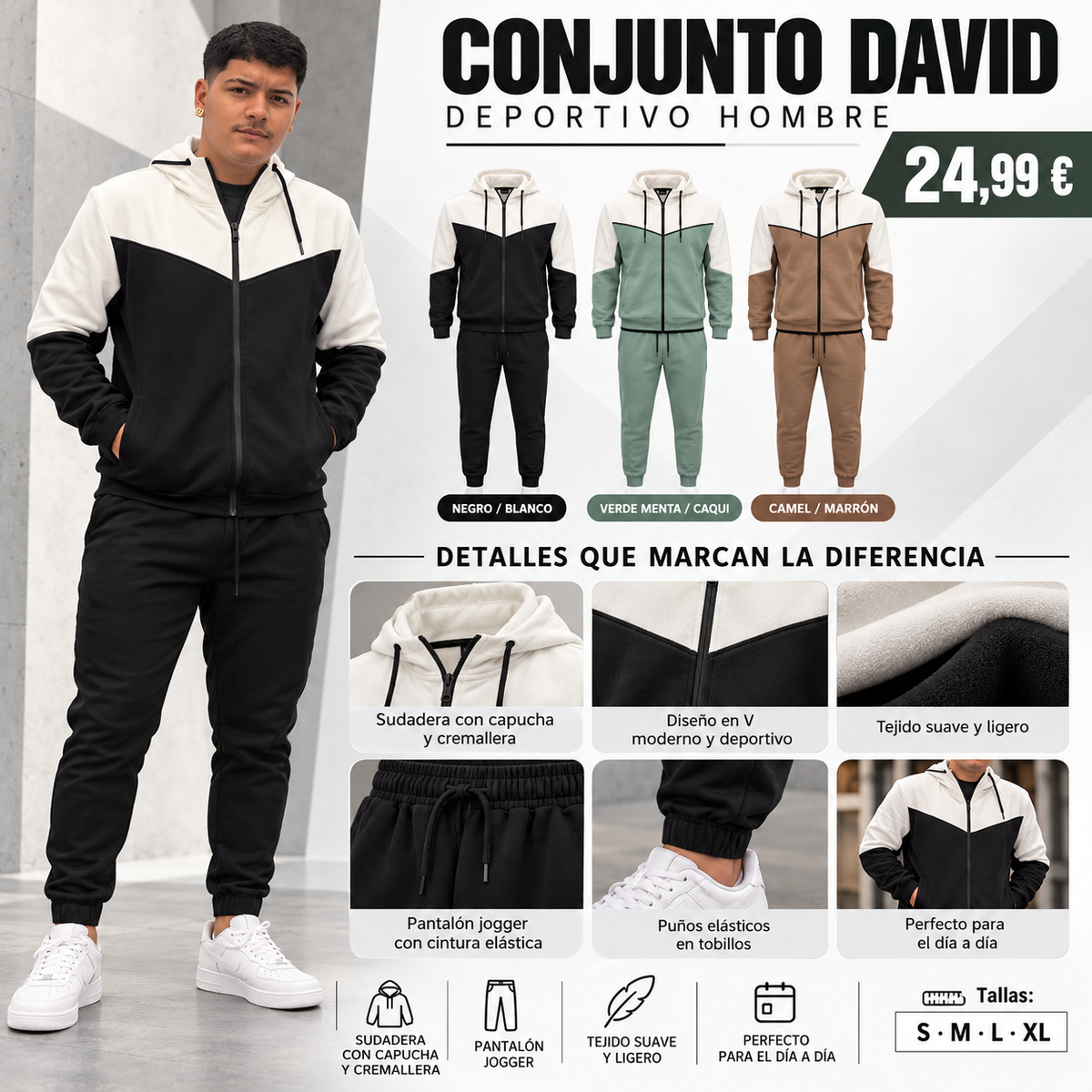 Conjunto Deportivo David Hombre de 2 Piezas Bicolor con Capucha