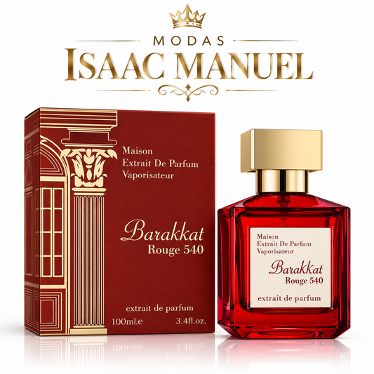 Barakkat Rouge 540 Extrait de Parfum de 100 ml, frasco rojo con tapón dorado y estuche sobre fondo blanco