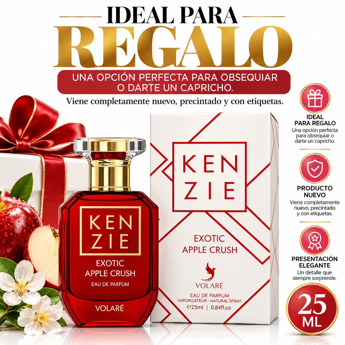 Kenzie Exotic Apple Crush de Volaré de 25 ml con su estuche junto a una caja de regalo con lazo rojo