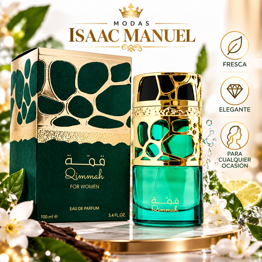 Frasco y estuche QIMMAH verde y dorado con flores blancas y composición promocional de Modas Isaac Manuel