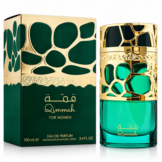 QIMMAH para mujer Eau de Parfum de 100 ml, frasco verde con detalles dorados y caja sobre fondo blanco