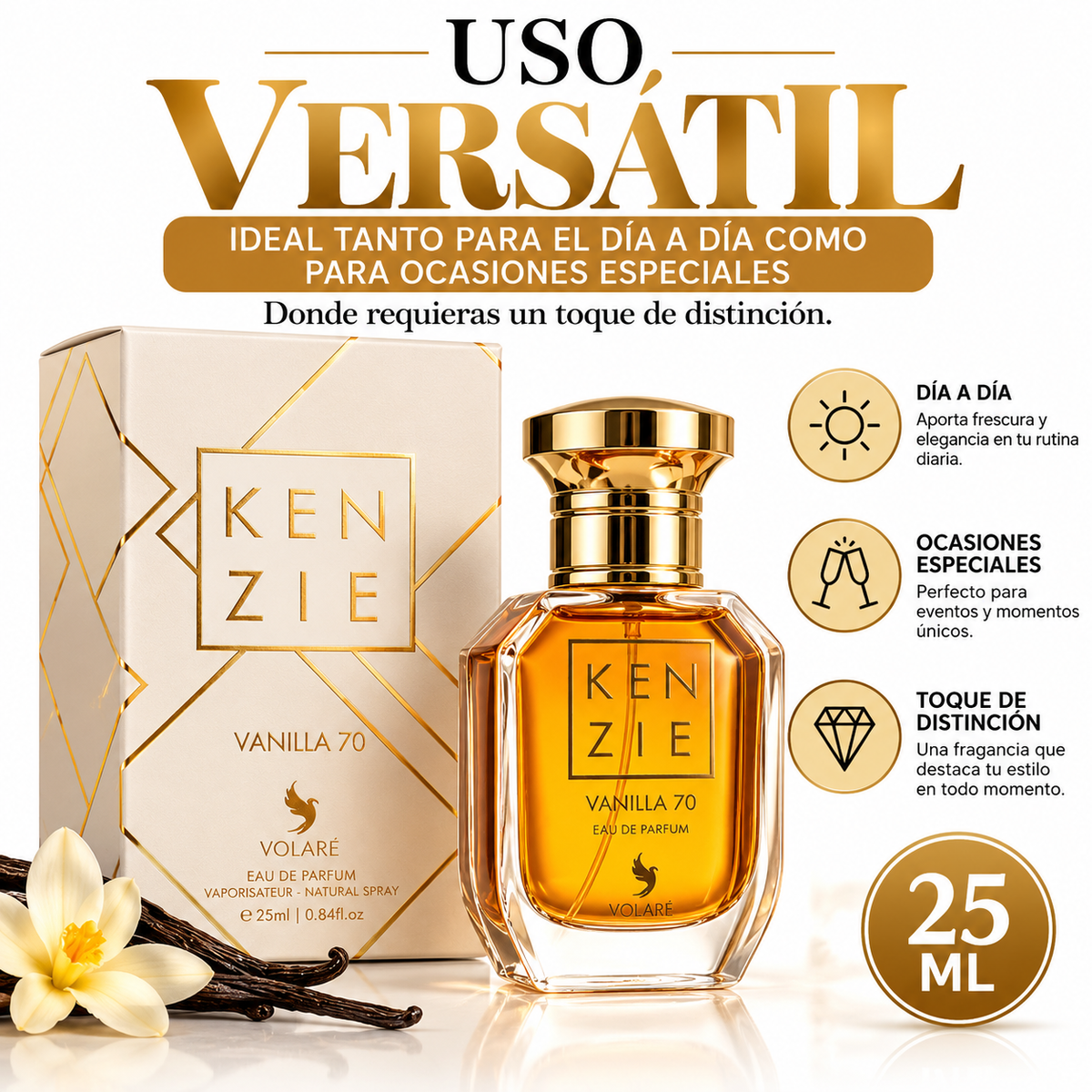 Frasco de cristal con perfume ámbar y tapón dorado de Kenzie Vanilla 70 de 25 ml junto a su caja