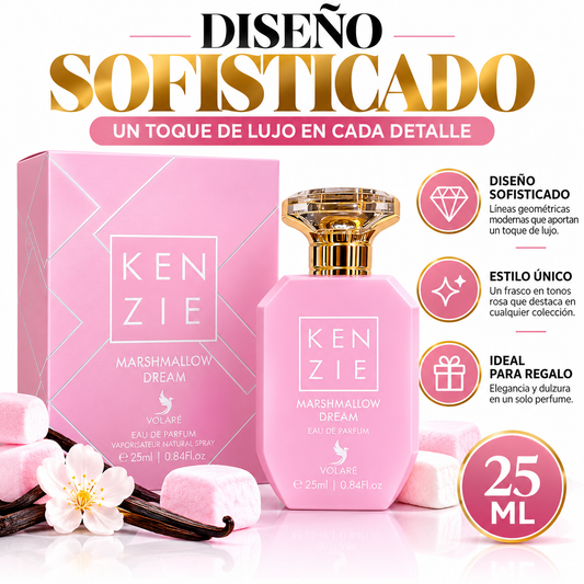 Frasco rosa y estuche de Kenzie Marshmallow Dream Eau de Parfum de 25 ml con tapón dorado