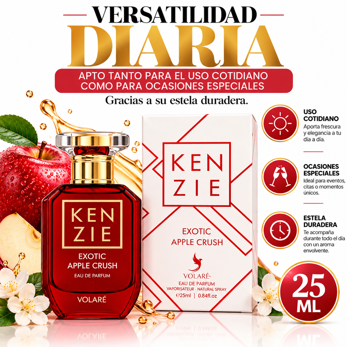 Frasco rojo y estuche de Kenzie Exotic Apple Crush Eau de Parfum de 25 ml con manzanas y flores blancas