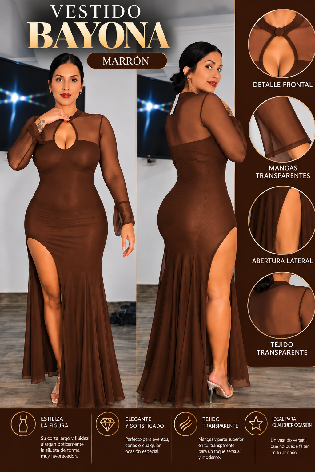 Vestido largo BAYONA marrón, vistas frontal y posterior con detalles del escote lágrima y transparencias