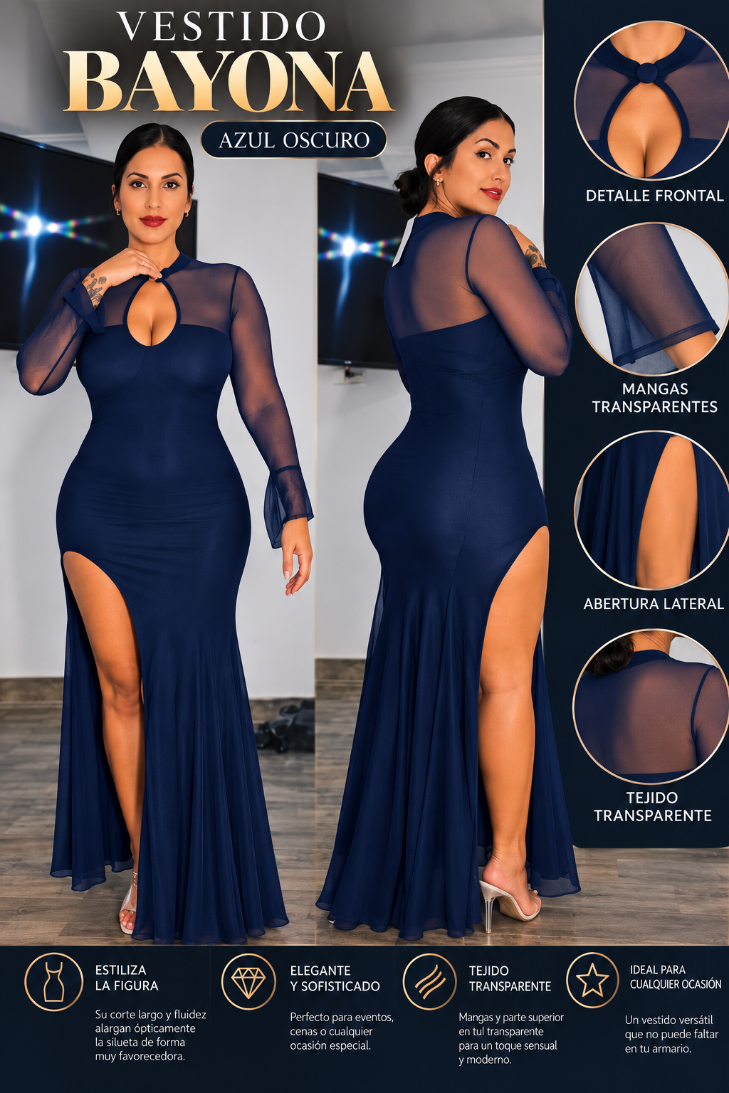 Vestido largo BAYONA azul oscuro, vistas frontal y posterior y detalles de escote, mangas y abertura lateral
