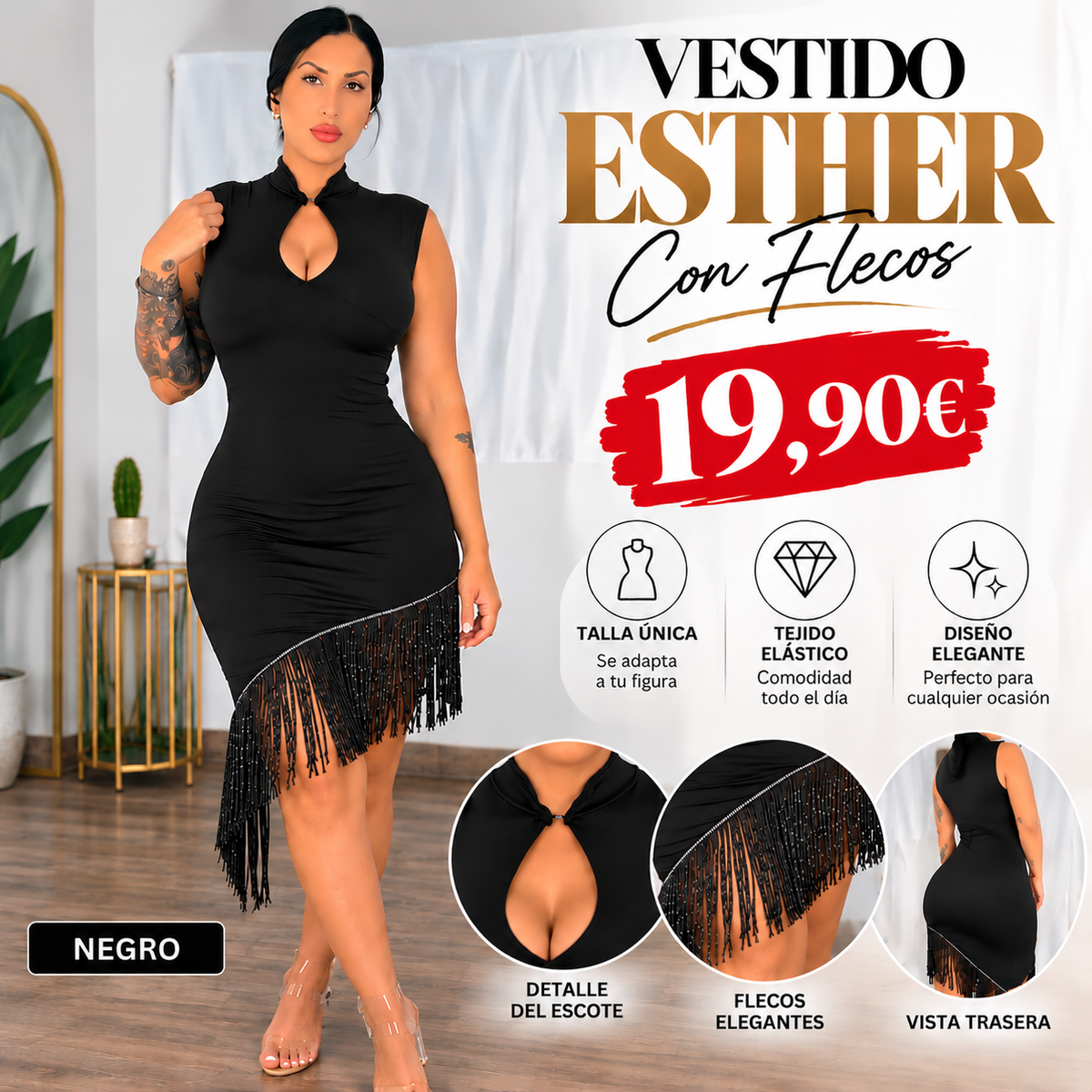 Vestido ESTHER negro sobre modelo, con escote lágrima y bajo asimétrico con flecos