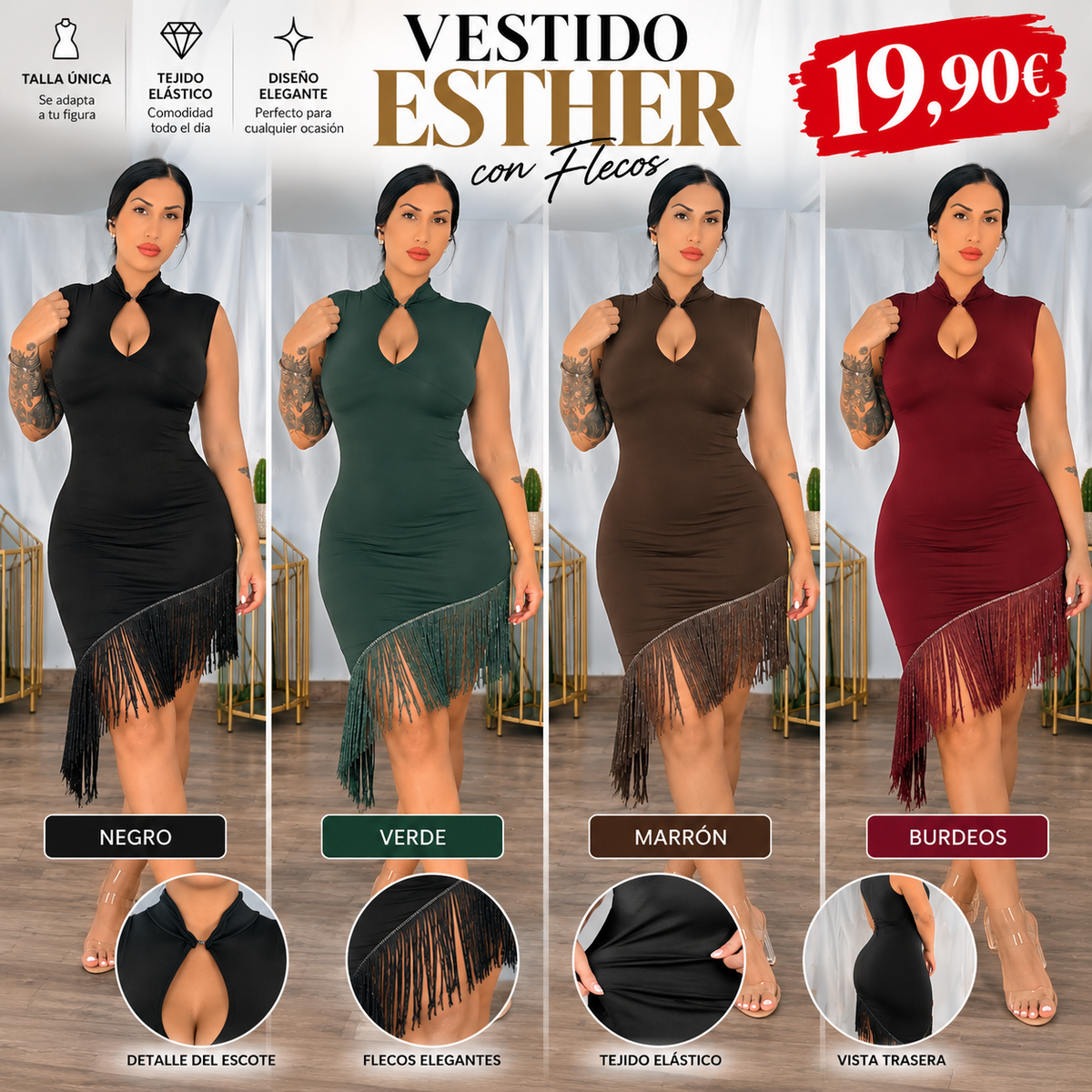 Collage del vestido ESTHER con flecos en negro, verde, marrón y burdeos, con precio de 19,90 euros