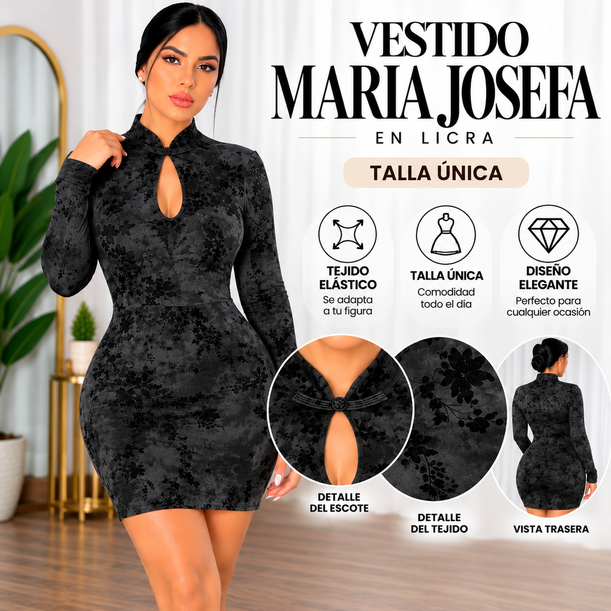 Vestido MARÍA JOSEFA negro con motivo floral, manga larga y escote lágrima, con detalles del tejido y vista trasera