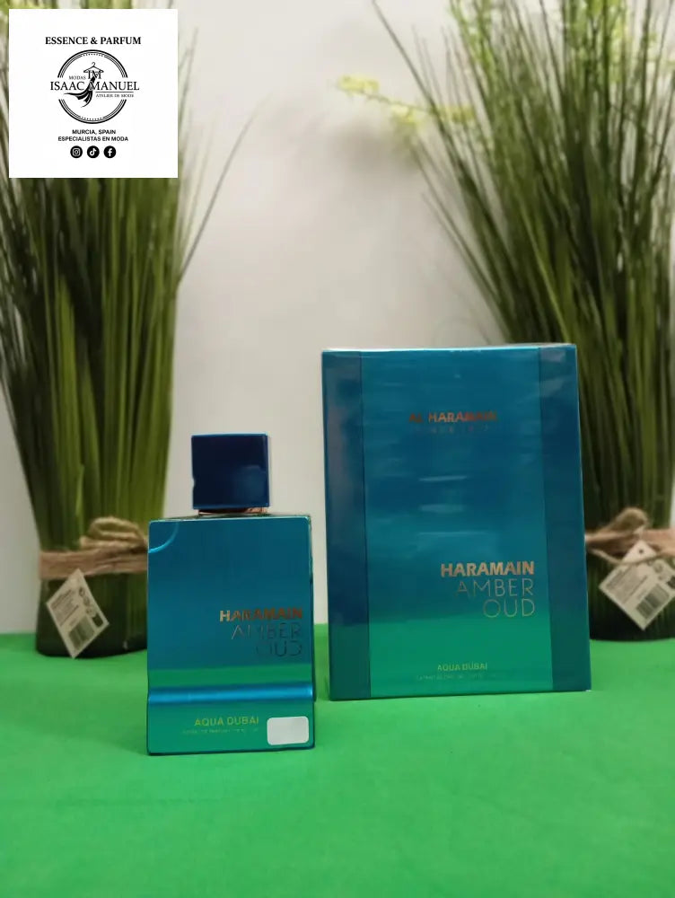 Caja y perfume de Al Haramain Amber Oud Aqua Dubai