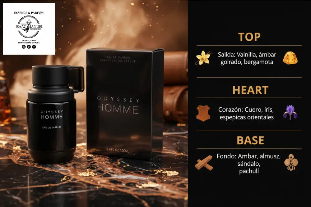Pirámide olfativa Armaf Odyssey Homme EDP - Salida vainilla ámbar dorado bergamota, Corazón cuero iris especias orientales, Fondo ámbar almizcle sándalo pachulí