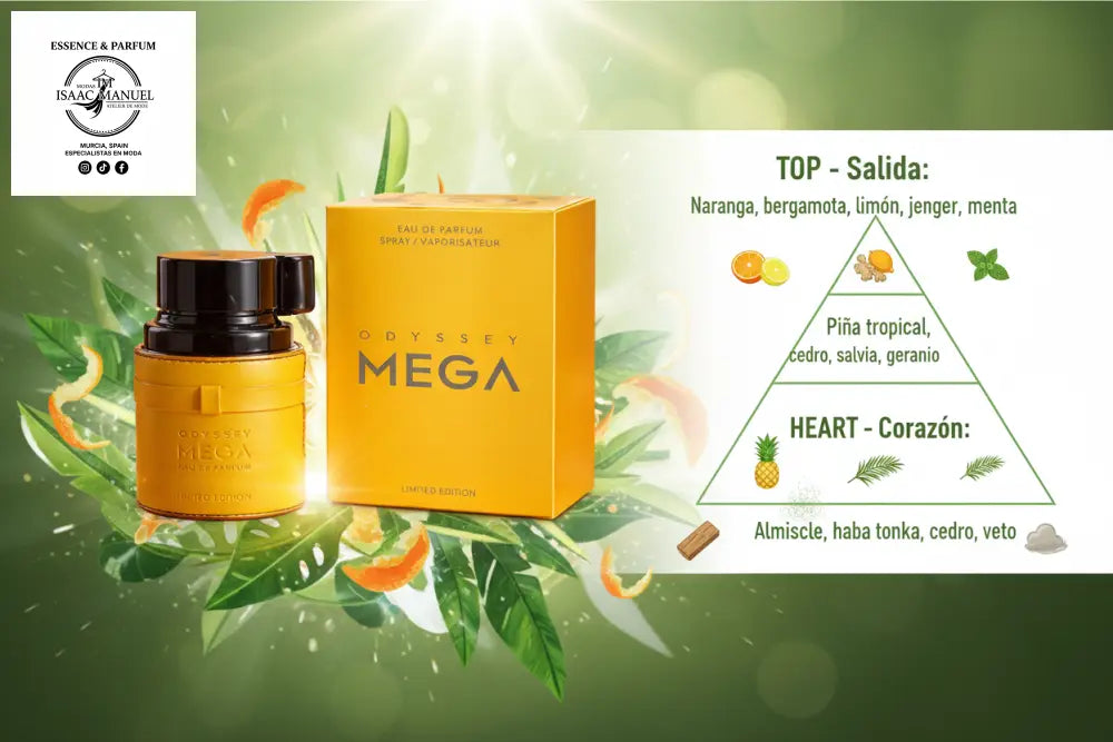 Pirámide olfativa Armaf Odyssey Mega Man EDP - Salida naranja bergamota limón jengibre menta, Corazón piña tropical cedro salvia geranio, Fondo almizcle haba tonka cedro vetiver