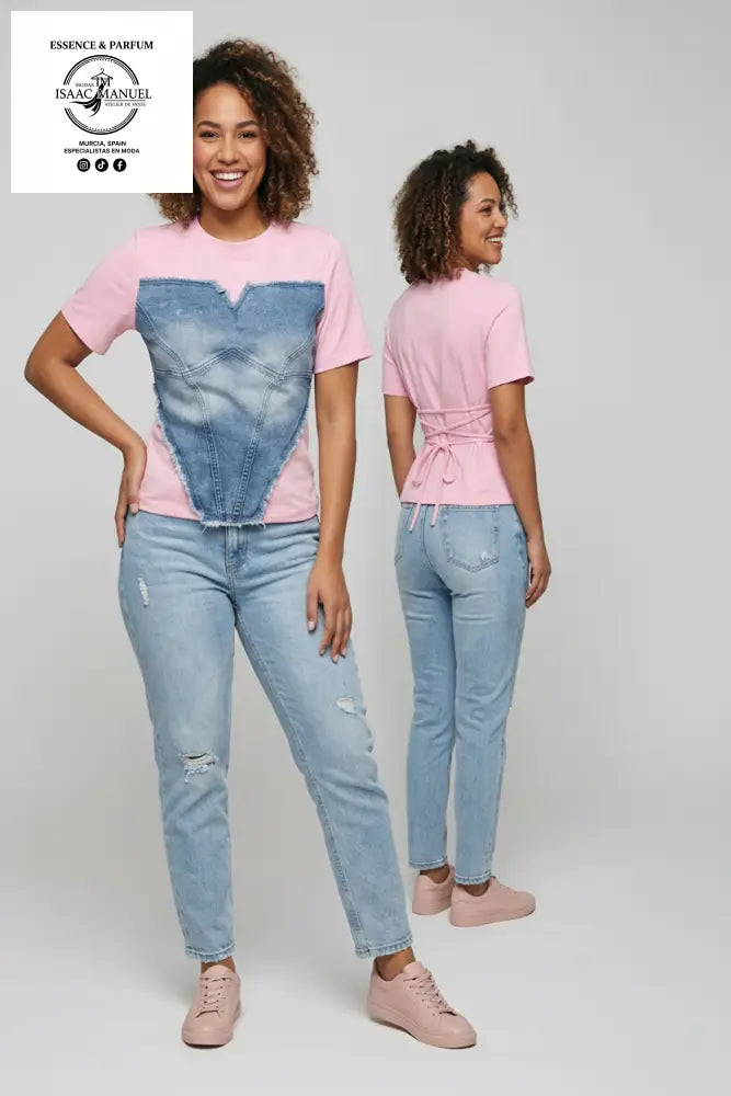 Camiseta corazón denim color rosa talla única – moda mujer Modas Isaac Manuel