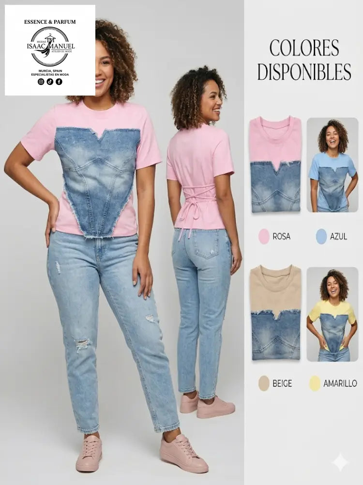 Camiseta Corazón Denim Talla Única | Rosa Azul Beige y Amarillo - Camiseta