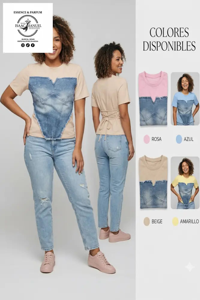 Camiseta Corazón Denim Talla Única | Rosa Azul Beige y Amarillo - Beige - Camiseta