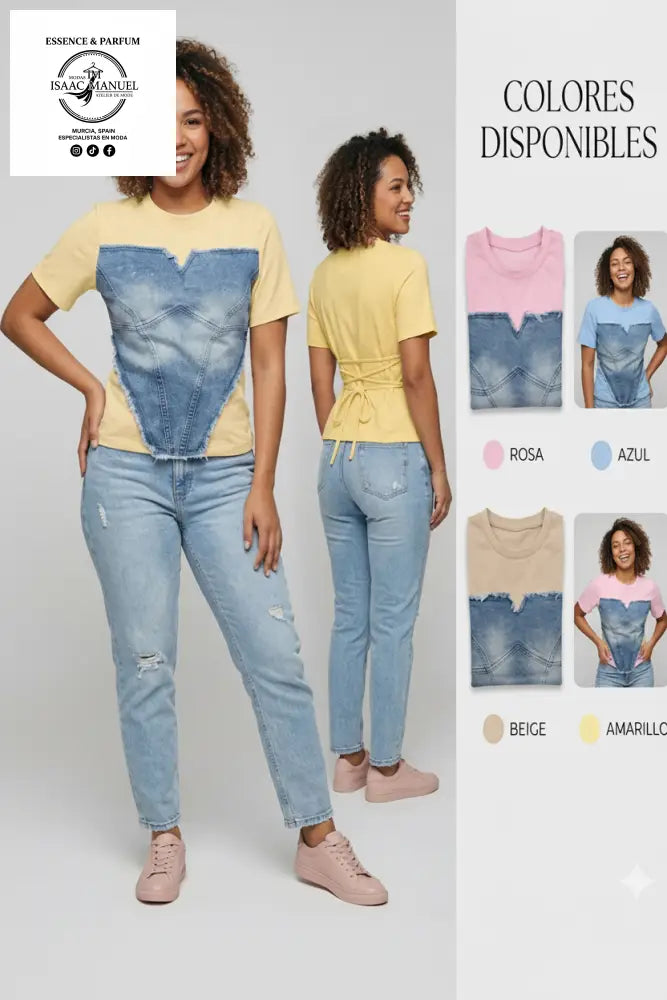 Camiseta corazón denim color amarillo talla única – moda mujer Modas Isaac Manuel