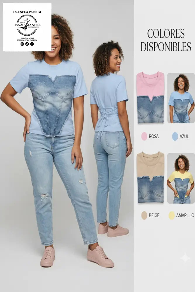 Camiseta corazón denim color azul talla única – moda mujer Modas Isaac Manuel