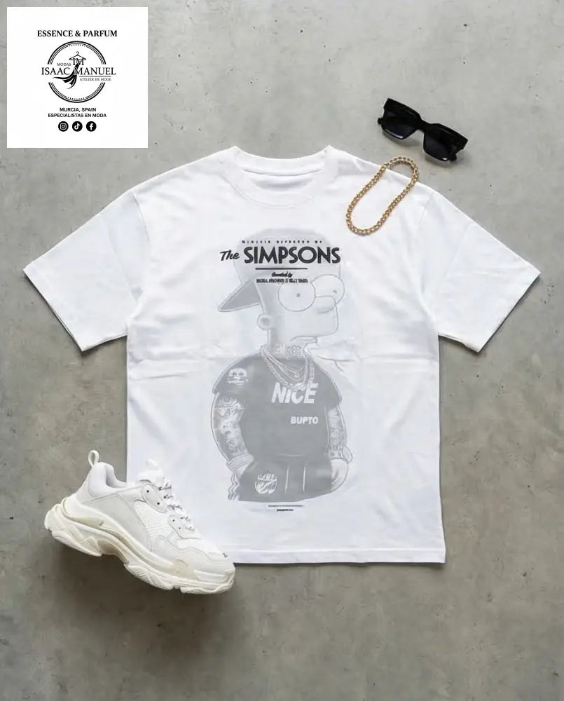 Camiseta Oversize Bart Simpson Streetwear Unisex | Diseño Doble Cara | Blanco Negro y Beige Blanco / S Camiseta hombre