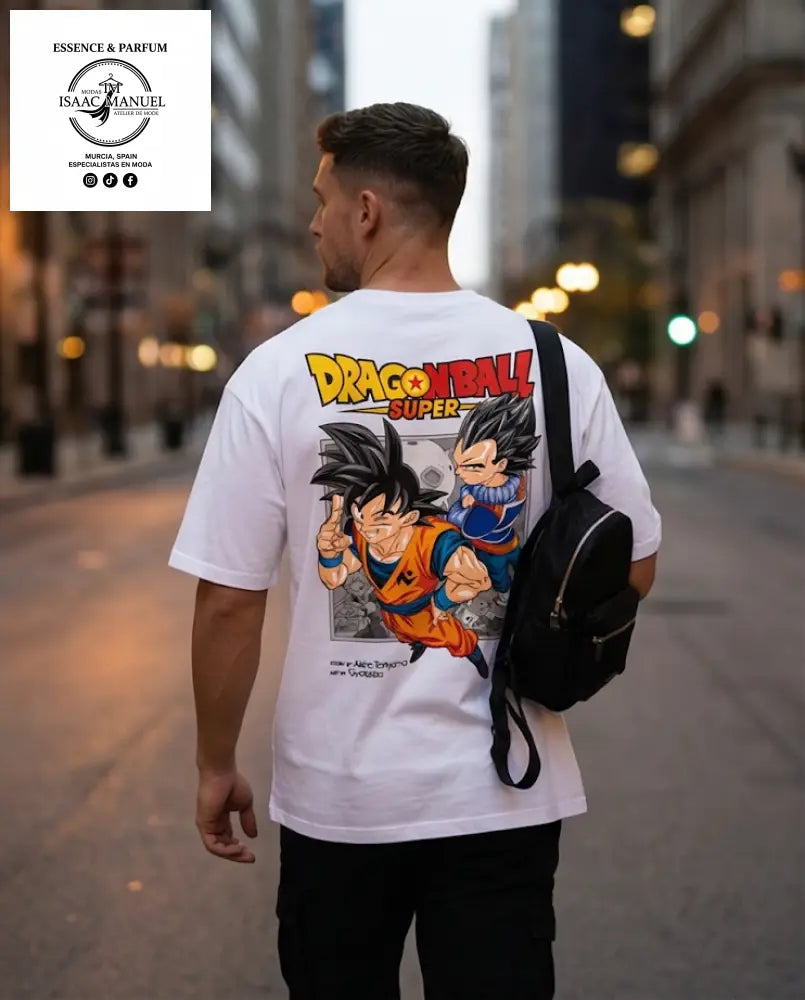 Camiseta oversize Dragon Ball Super hombre blanco - diseño espalda Goku y Vegeta - streetwear anime España