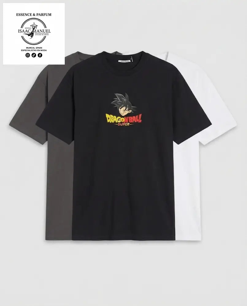 Camiseta oversize hombre Dragon Ball Super en negro, gris oscuro y blanco - vista frontal 3 colores
