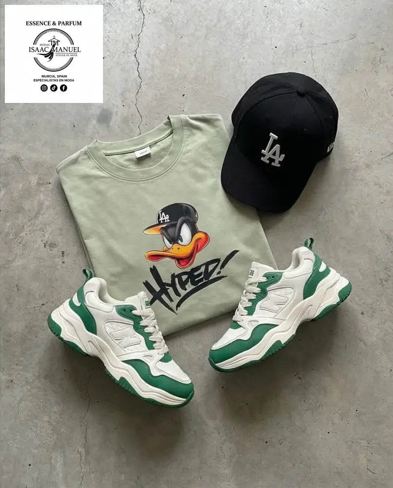 Camiseta Oversize ’Hyped’ Duck – Edición Street Urban QQ2329 VERDE MILITAR / S Camiseta hombre