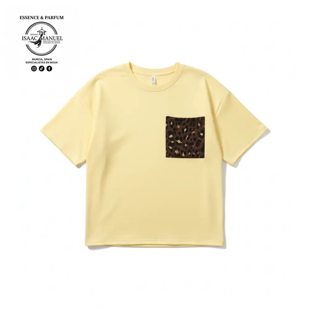 Camiseta oversize con bolsillo leopardo color amarillo talla única – Conjunto mujer