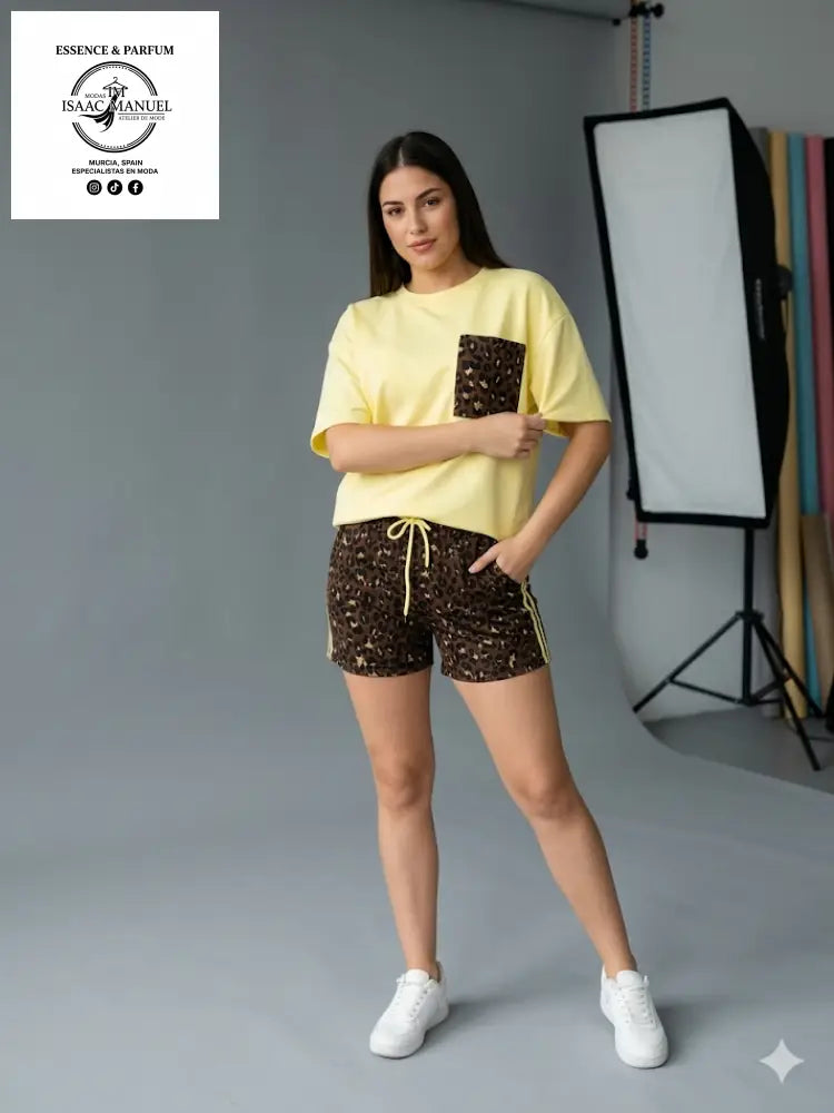 Conjunto Camiseta y Short Estampado Leopardo | Talla Única - Amarillo - Conjunto