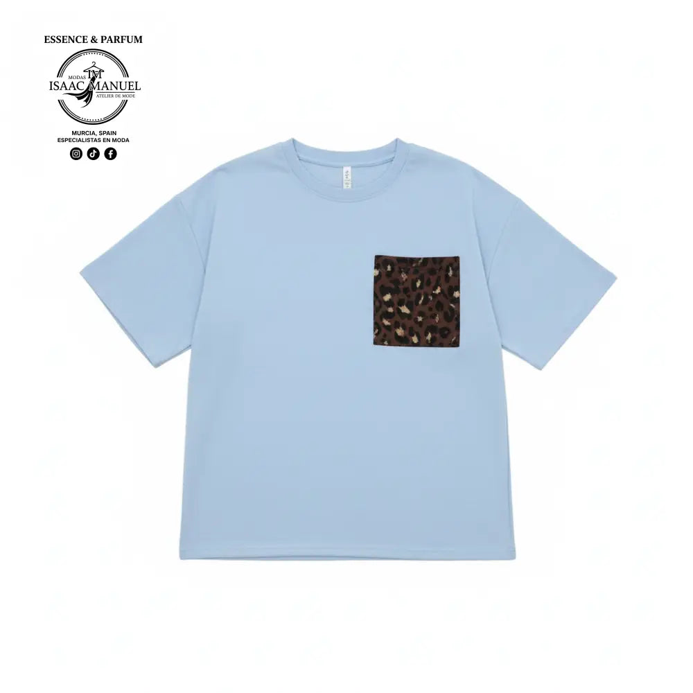 Camiseta oversize con bolsillo leopardo color azul talla única – Conjunto mujer