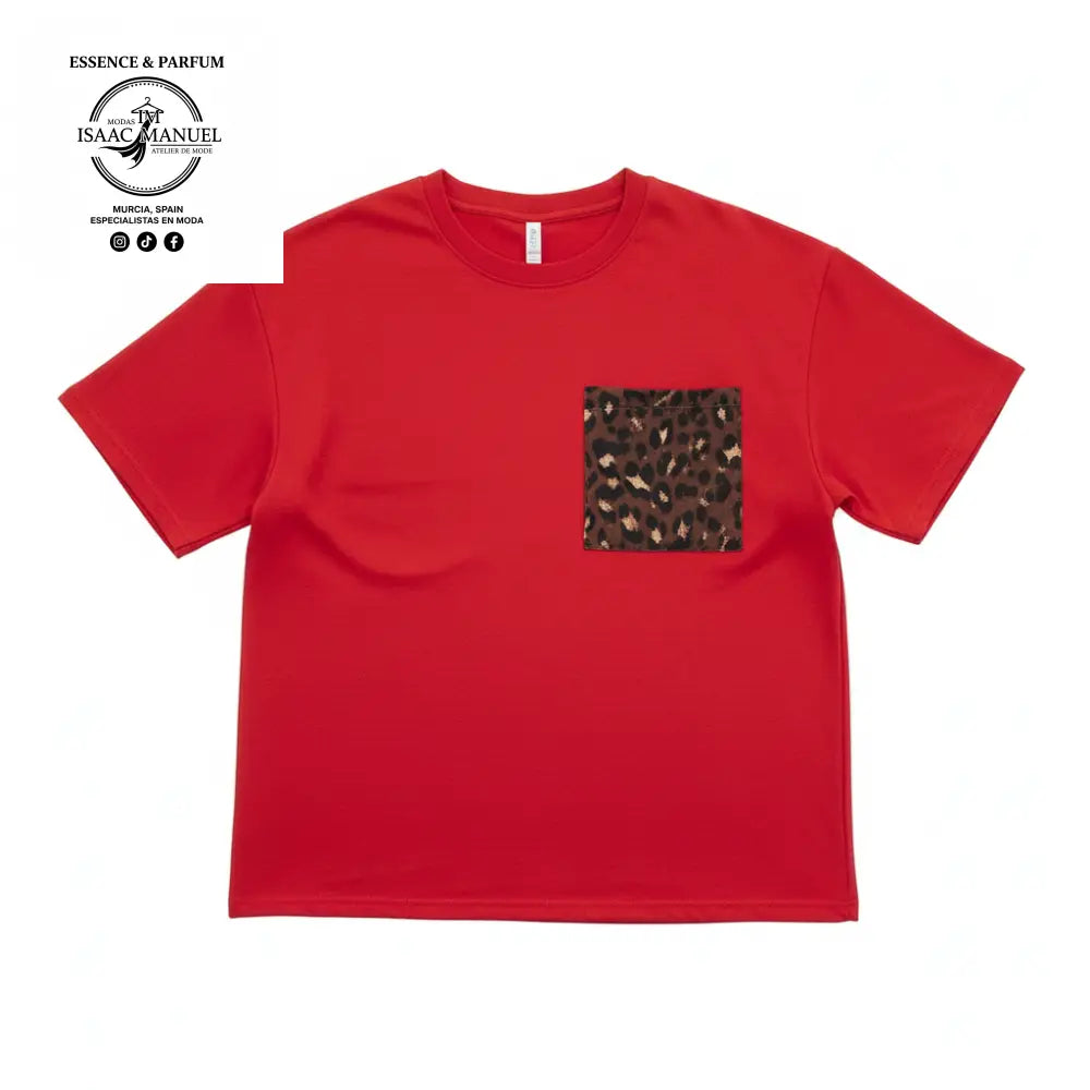 Camiseta oversize con bolsillo leopardo color rojo talla única – Conjunto mujer