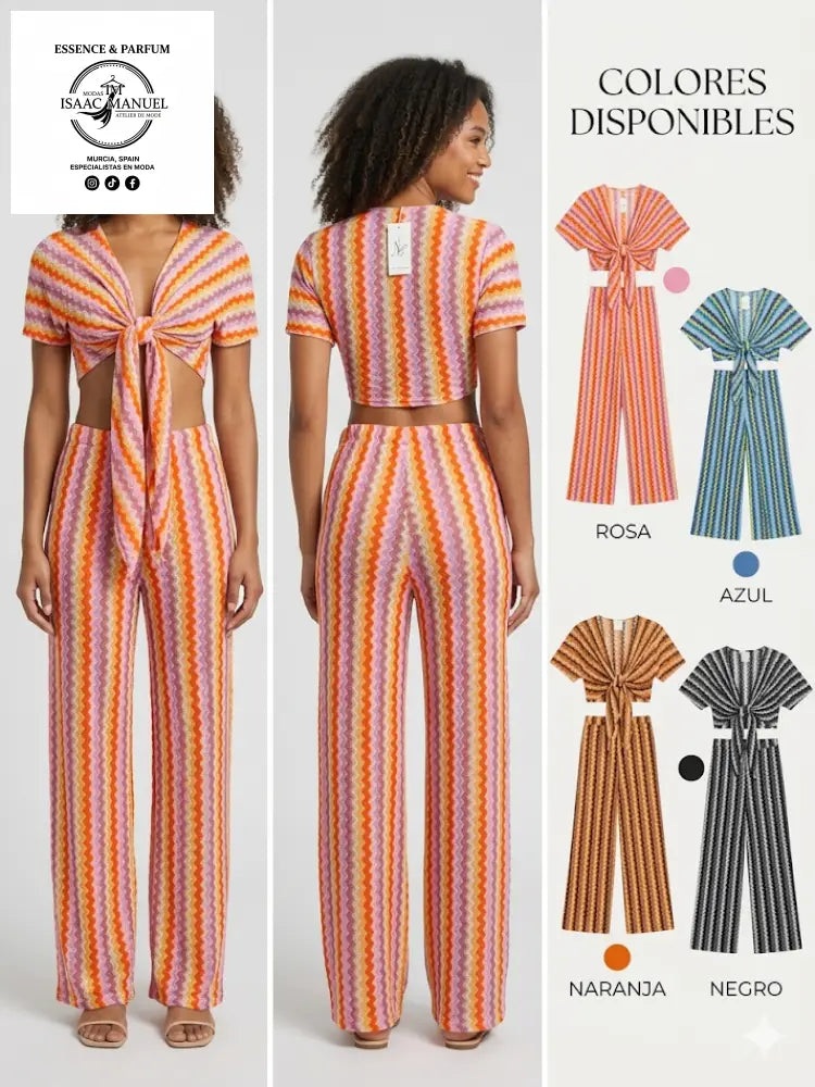 Conjunto Crop Top y Pantalón Rayas Zigzag Talla Única | Naranja Azul Rosa y Negro - Naranja - Conjunto