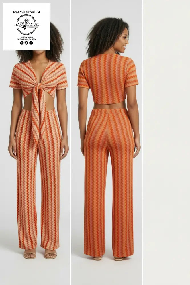 Conjunto crop top y pantalón zigzag color naranja talla única – moda mujer Modas Isaac Manuel